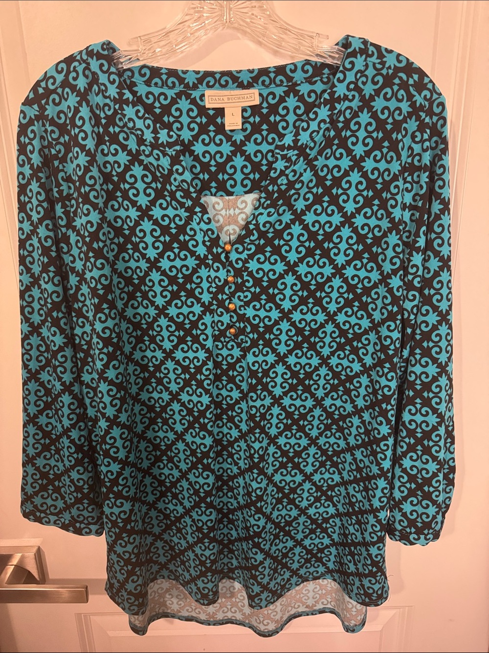 Dana Buchman Turquoise and Black Geometric Button-Detail Tunic
